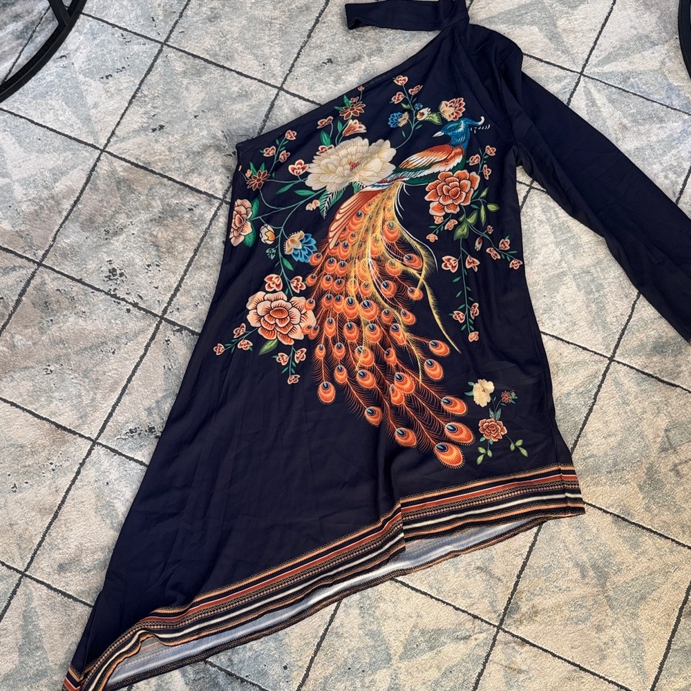 CBR Asymmetrical Dress with Peacock Design in Black and Orange